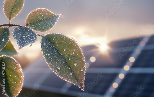 A close-up of dew-covered leaves with solar panels glistening in the background, symbolizing fresh, renewable energy solutions photo