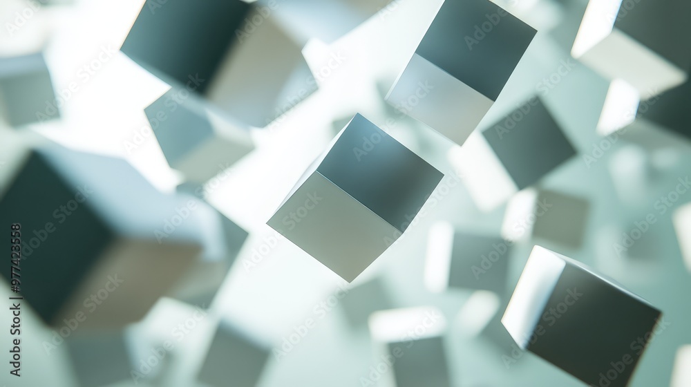 Fragmented cubes floating in space, casting soft shadows and reflections. Fragmented cubes floating in space, casting soft shadows and reflections.