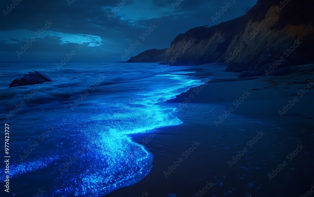 Enchanting Bioluminescent River Illuminating Beach at Night, Cinematic Photorealistic Scene with Glowing Blue Light Flowing Enchanting Bioluminescent River Illuminating Beach at Night, Cinematic Photorealistic Scene with Glowing Blue Light Flowing