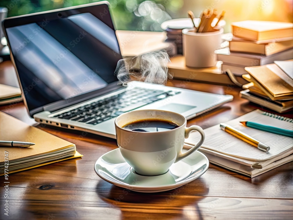 A sleek, modern cup of steaming hot coffee sits atop a cluttered desk, surrounded by scattered papers, pens, and a laptop, evoking a busy workday atmosphere. A sleek, modern cup of steaming hot coffee sits atop a cluttered desk, surrounded by scattered papers, pens, and a laptop, evoking a busy workday atmosphere.
