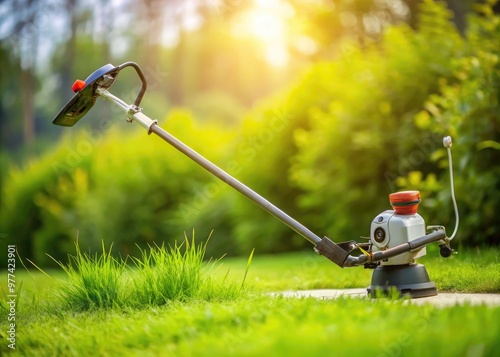 A sleek, modern gas-powered grass trimmer with a curved shaft and rotating blades stands upright on a freshly manicured lawn with a blurred green background. photo