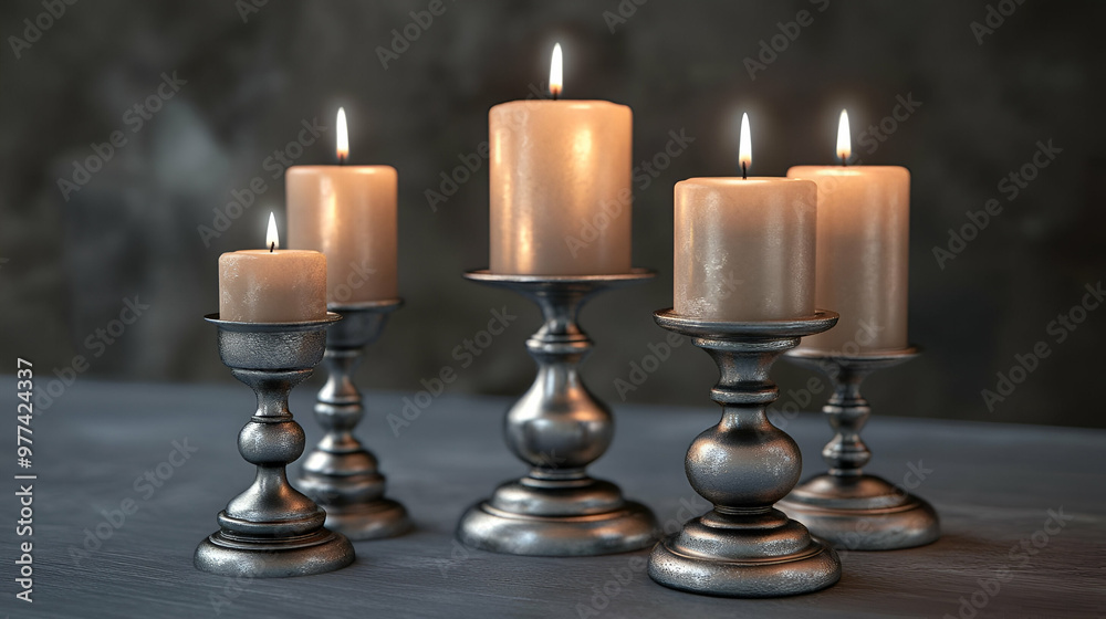 Elegant arrangement of lit candles in silver candle holders, creating a warm and inviting atmosphere for any setting. Elegant arrangement of lit candles in silver candle holders, creating a warm and inviting atmosphere for any setting.