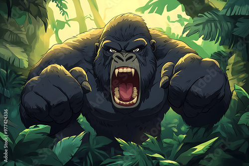 A fierce gorilla roaring in a lush jungle setting, showcasing wildlife and nature's power. photo