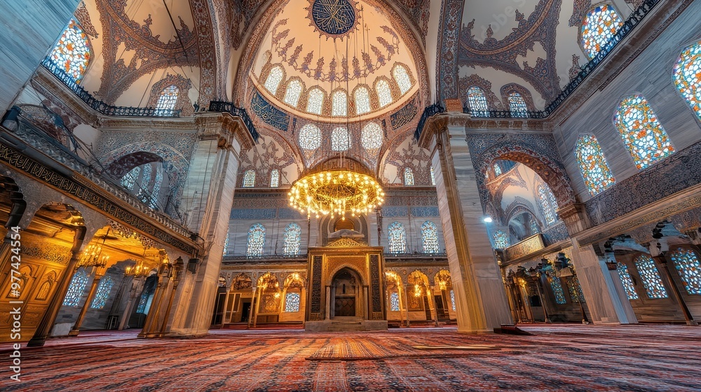 Fototapeta premium Mosque Interior with Intricate Patterns, Mosaics, and Ornate Decorations 