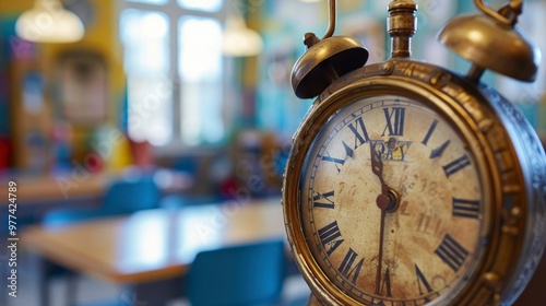 A close-up of a classroom clock showing the time for recess.