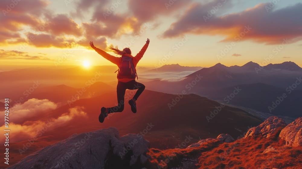 A person jumping for joy on top of the mountain at sunset. A person jumping for joy on top of the mountain at sunset.