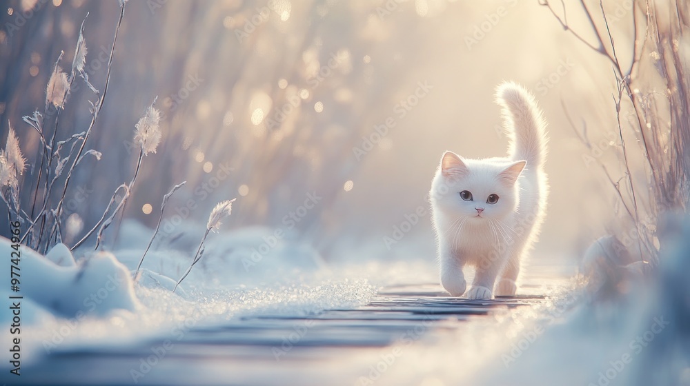 winter landscape with a white cat walking through the snow. The cat has a fluffy tail and is walking on a wooden path winter landscape with a white cat walking through the snow. The cat has a fluffy tail and is walking on a wooden path