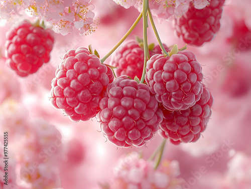 Fresh raspberries hanging on a branch, vibrant and juicy, surrounded by soft pink blossoms, creating a dreamy aesthetic.