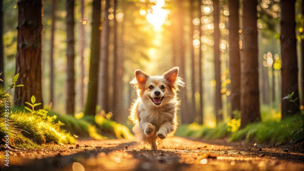A small energetic dog, fur fluffed, runs freely with joyful abandon through a dappled forest of tall trees, casting dotty shadows on the sunlit ground. A small energetic dog, fur fluffed, runs freely with joyful abandon through a dappled forest of tall trees, casting dotty shadows on the sunlit ground.