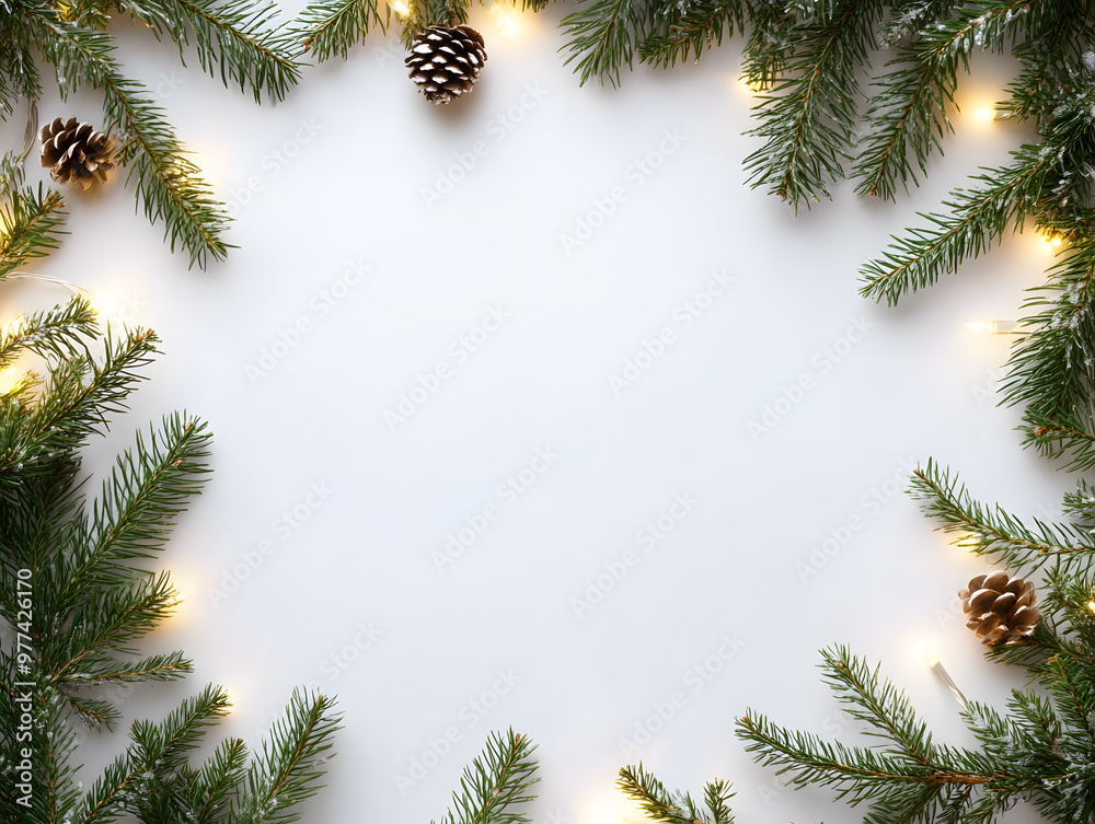 Christmas frame with pine branches with glowing lights with copy space for text Christmas frame with pine branches with glowing lights with copy space for text