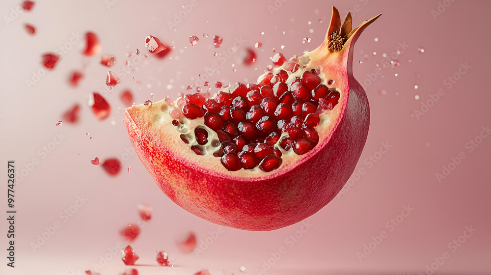 A vibrant pomegranate splits open, showcasing its juicy seeds against a soft pink background, capturing freshness and vitality. A vibrant pomegranate splits open, showcasing its juicy seeds against a soft pink background, capturing freshness and vitality.