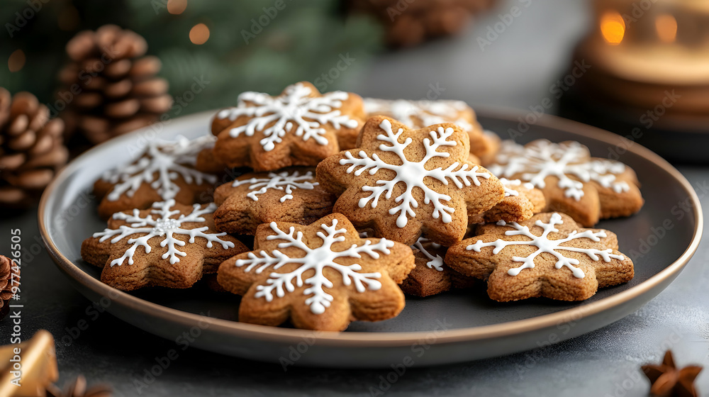 A beautifully arranged plate of gingerbread cookies decorated with intricate snowflake icing, perfect for festive occasions. A beautifully arranged plate of gingerbread cookies decorated with intricate snowflake icing, perfect for festive occasions.