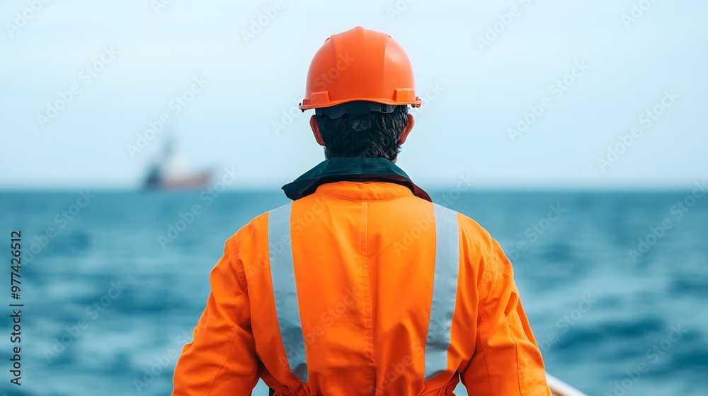 A man in an orange safety suit stands on a boat looking out at the ocean A man in an orange safety suit stands on a boat looking out at the ocean