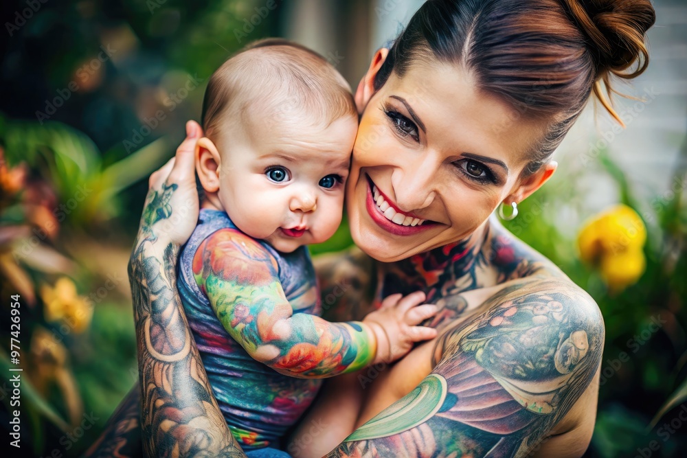 A smiling woman with a sleeve of colorful tattoos on her arm lovingly holds her adorable baby close, radiating maternal warmth and devotion. A smiling woman with a sleeve of colorful tattoos on her arm lovingly holds her adorable baby close, radiating maternal warmth and devotion.