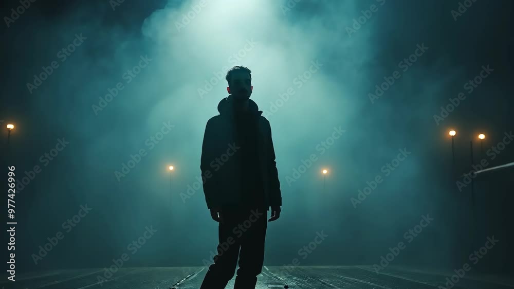 A lone figure stands shrouded in mist under a streetlight in a quiet urban setting at night A lone figure stands shrouded in mist under a streetlight in a quiet urban setting at night