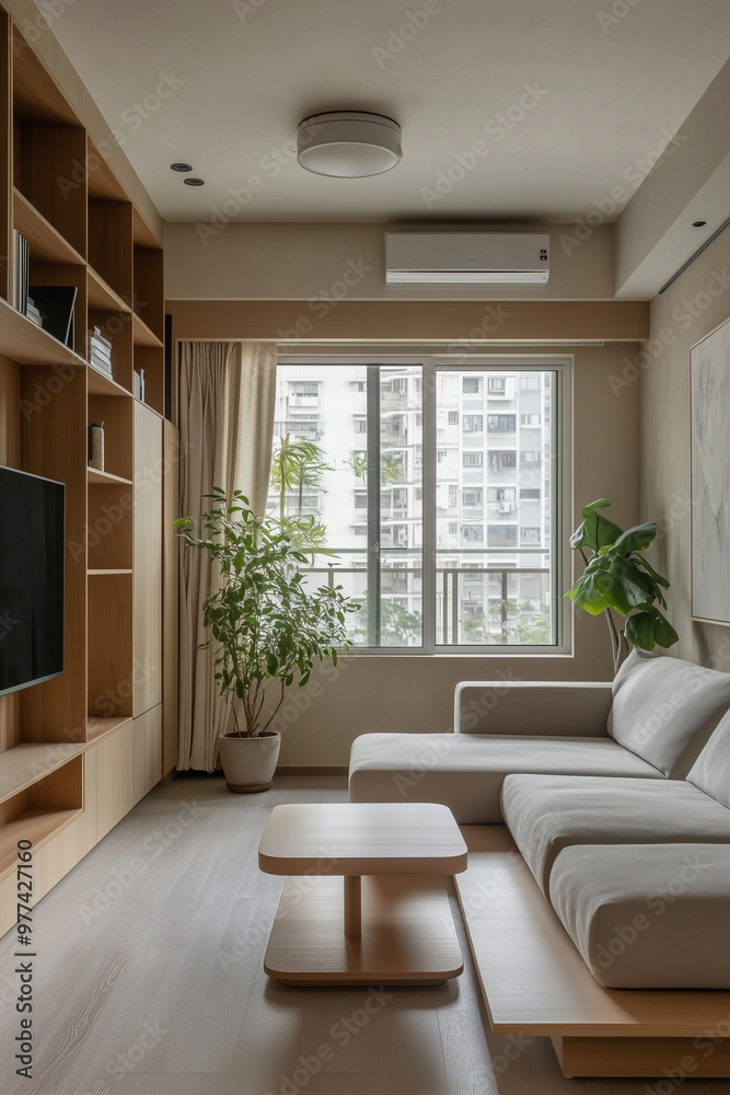 Fototapeta premium a serene living room corner in a small, minimal apartment, featuring a sofa, TV counter, and bookshelf, all while embracing Wabi-Sabi Japandi design principles