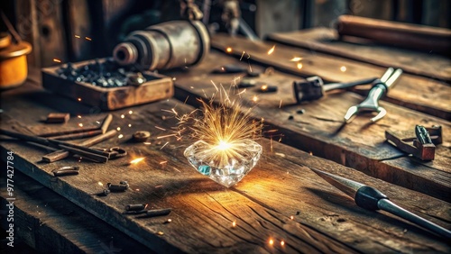 A solitary, imperfect, and uncut diamond sits atop a worn, wooden workbench, surrounded by scattered tools and sparks, exuding an air of rugged, unbridled potential. photo