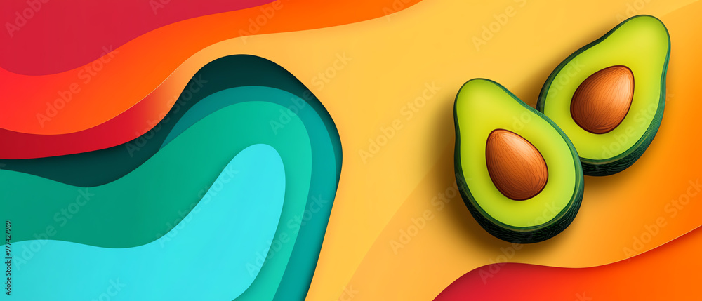 Avocado halves and seeds in an abstract vector background, smooth gradients and bold colors, stylish and playful tropical theme