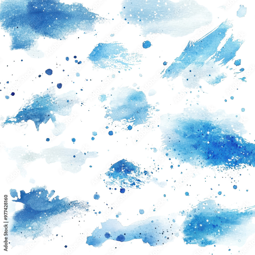 Dynamic watercolor textures featuring varied blue shades, ideal for backgrounds, designs, and artistic projects., isolated on a transparent background.