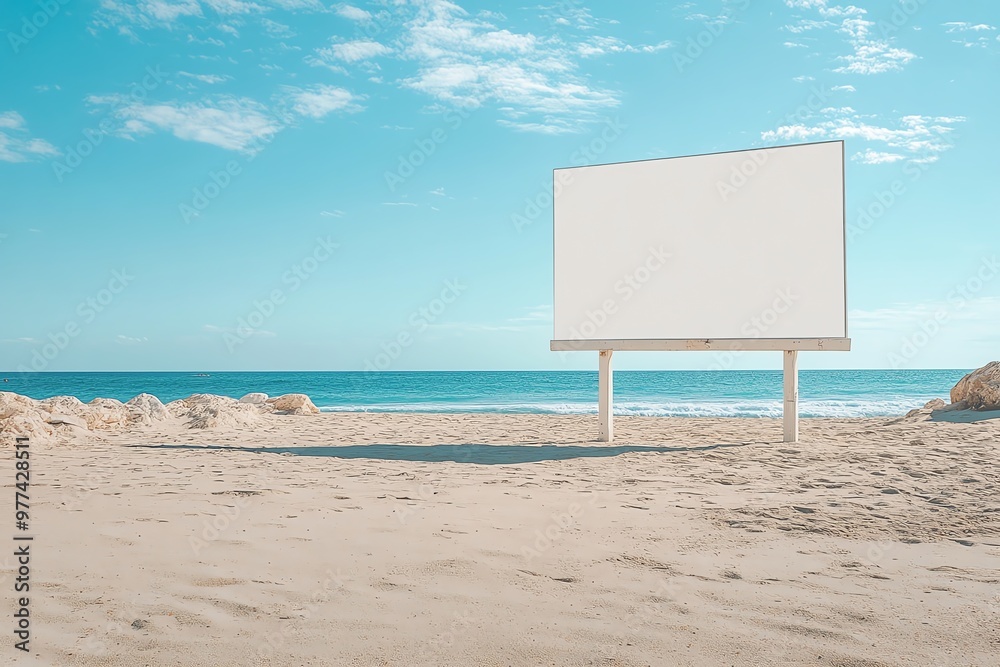 Detailed white blank billboard on a sunny beach, soft sand beneath, gentle ocean breeze, highly realistic colors and shadows Detailed white blank billboard on a sunny beach, soft sand beneath, gentle ocean breeze, highly realistic colors and shadows