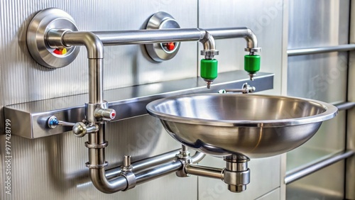 A stainless steel eye wash station stands-mounted in a modern industrial setting, with a toggle valve and twin nozzles ready for emergency use. photo