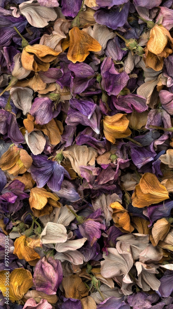 A colorful tapestry of dried purple and yellow petals brightens the surface A colorful tapestry of dried purple and yellow petals brightens the surface