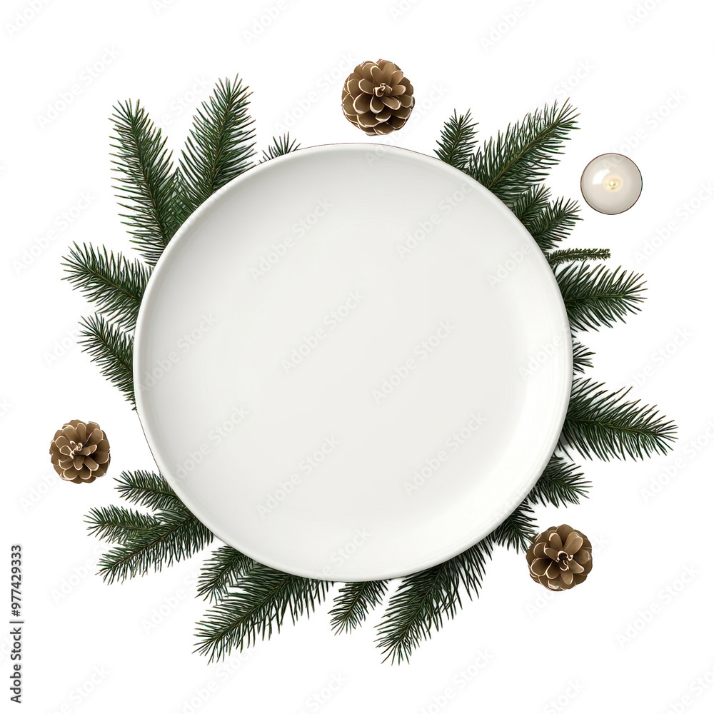 A minimalistic white plate surrounded by pine leaves and pine cones, perfect for festive holiday table settings. transparent background