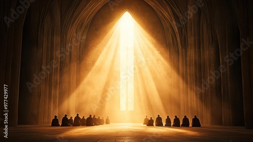 Worshippers kneeling in a grand cathedral, light streaming down from above, symbolizing the grace of God s presence photo