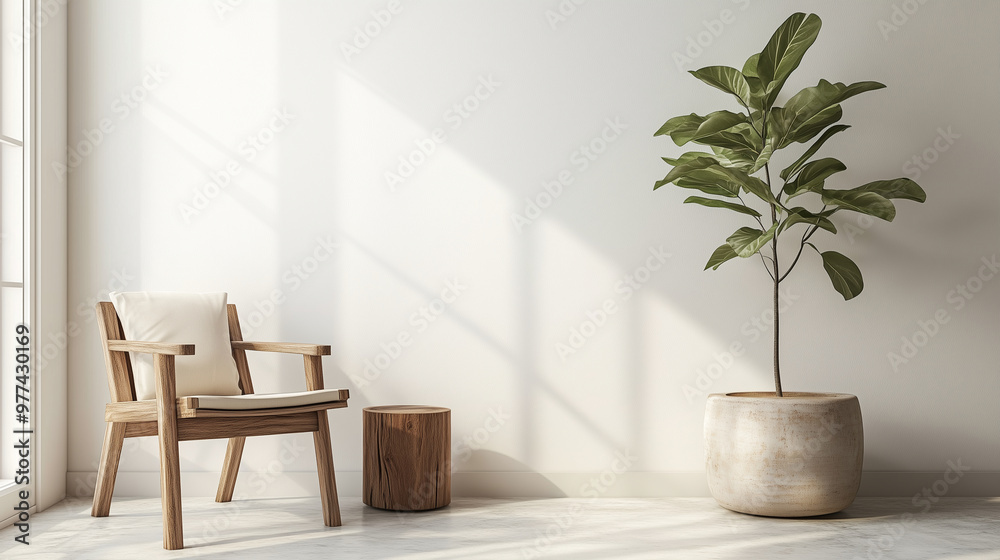 a serene home coffee relax corner that blends Japandi style ,featuring a wooden chair, a round table, and potted plant a serene home coffee relax corner that blends Japandi style ,featuring a wooden chair, a round table, and potted plant