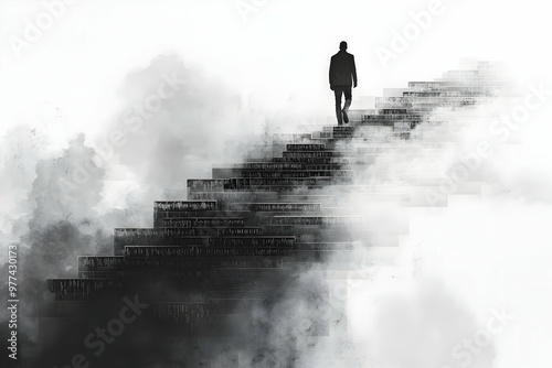 A solitary figure ascending dark stairs, surrounded by ethereal fog, symbolizing journey, growth, and introspection.