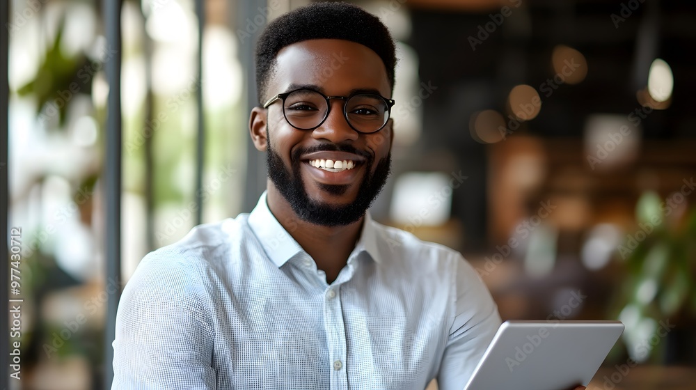 A smiling Black man with glasses and a beard holding a tablet in an office environment. A smiling Black man with glasses and a beard holding a tablet in an office environment.