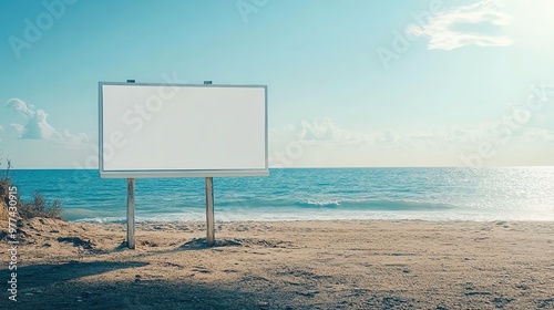 High-definition white blank billboard mock-up on a tropical beach, bright sunlight reflecting off the sand, calm sea nearby