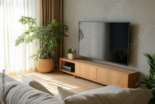 a serene living room corner in a small, minimal A A A photo apartment, featuring a sofa, TV counter, and bookshelf, all while embracing Wabi-Sabi Japandi design principles