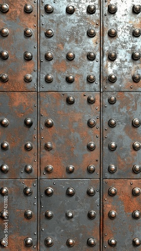 Rusty metal door with rivets showcasing texture and aging details in urban architecture