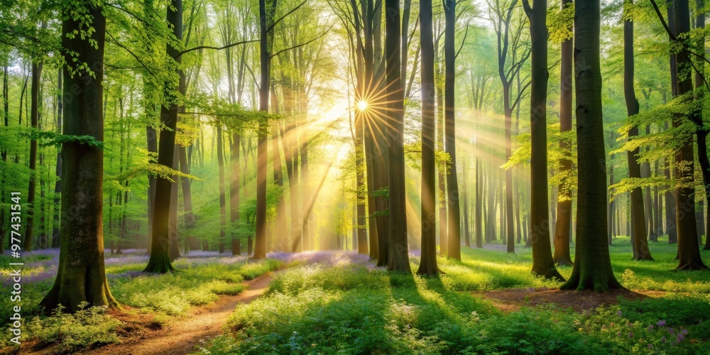 Fototapeta premium Serene morning light filtering through the trees in a lush spring forest