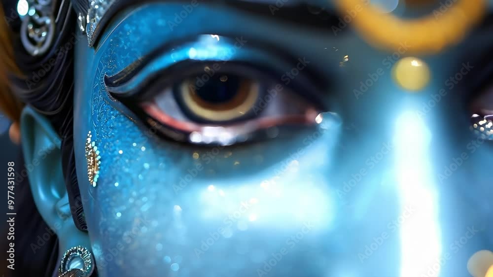 A close-up of a blue-skinned deity, likely Lord Krishna, adorned with intricate decorations and jewelry against a blurred background.
