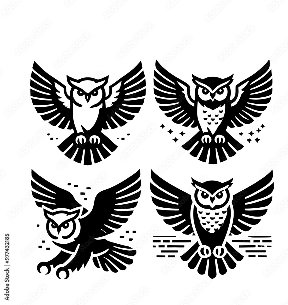 set of owl illustration graphic design black and white vector clip art silhouette set of owl illustration graphic design black and white vector clip art silhouette