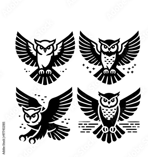 set of owl illustration graphic design black and white vector clip art silhouette