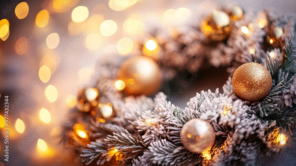 A festive wreath adorned with golden ornaments and warm lights, creating a cozy holiday atmosphere. A festive wreath adorned with golden ornaments and warm lights, creating a cozy holiday atmosphere.