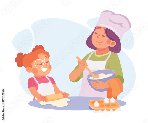Woman Parent with Her Daughter Baking as Home Activity Vector Illustration