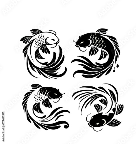 koi fish yin and yang silhouettes illustration graphic design black and white vector clip art