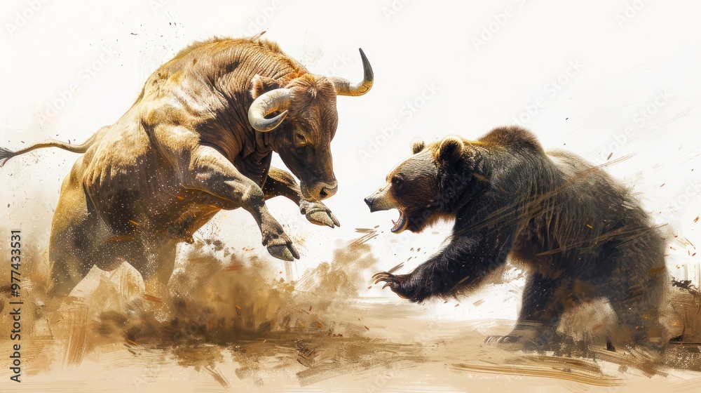 Fototapeta premium Bull and Bear Clash: A Symbol of Market Volatility