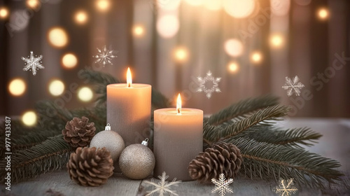 Elegant candles with Christmas ornaments and pine branches on rustic background with bokeh effect