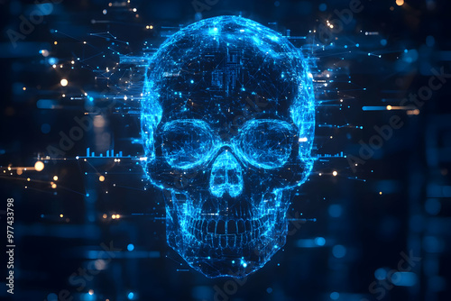 A captivating digital skull illustration showcasing intricate blue details against a dark background, perfect for tech and horror themes.