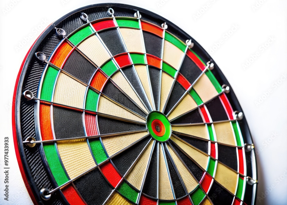 A vibrant, high-contrast dartboard stands upright against a pure white background, its colorful numbers and bullseye sharply focused, awaiting a player's skilled throw. A vibrant, high-contrast dartboard stands upright against a pure white background, its colorful numbers and bullseye sharply focused, awaiting a player's skilled throw.