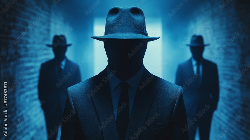 Three men in suits and hats are standing in a dark hallway Three men in suits and hats are standing in a dark hallway