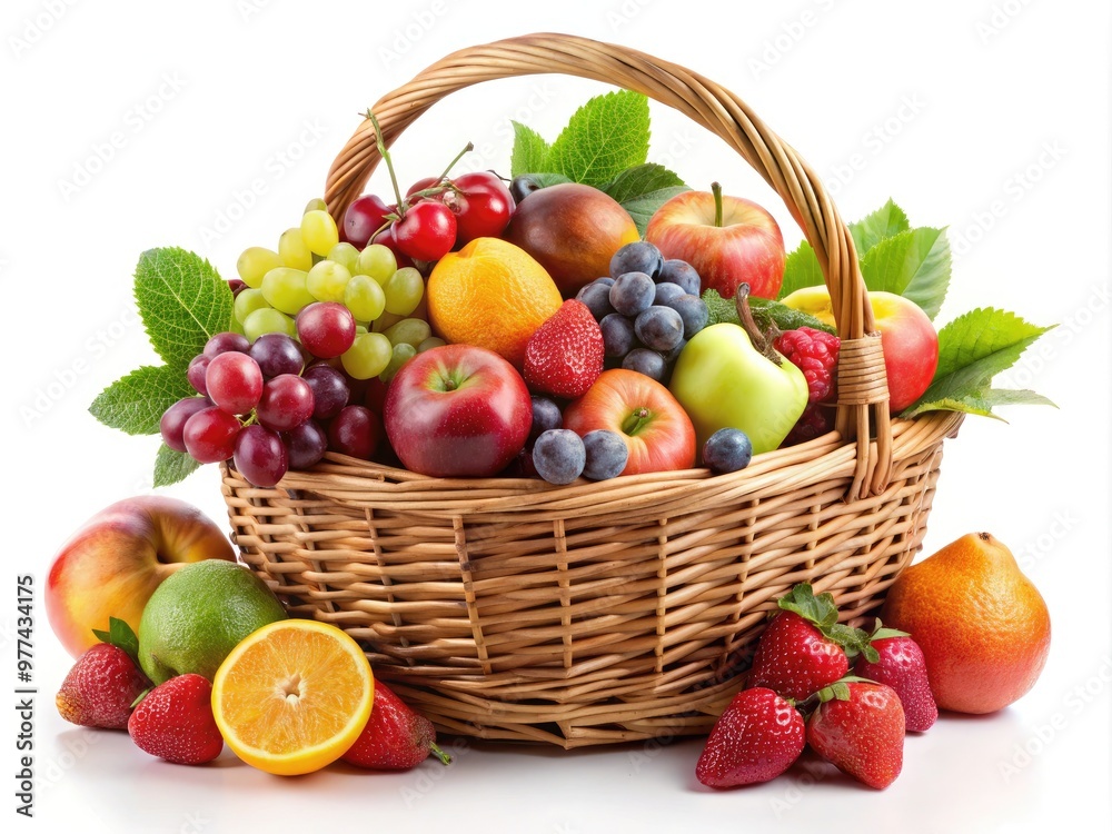 A vibrant, overflowing wicker basket isolated on a crisp white background, filled with a colorful assortment of fresh seasonal fruits, perfectly ripe and visually appealing. A vibrant, overflowing wicker basket isolated on a crisp white background, filled with a colorful assortment of fresh seasonal fruits, perfectly ripe and visually appealing.