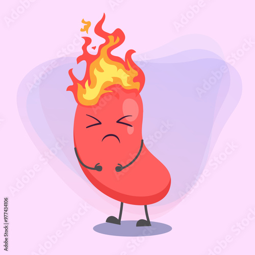 Burning stomach cartoon character vector illustration. Unhealthy digestive human organ. Health care, nutrition, emotion concept for banner or web design