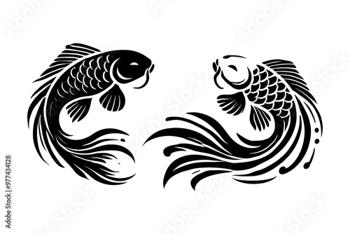 koi fish yin and yang silhouettes illustration graphic design black and white vector clip art