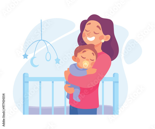 Woman Parent Embrace Her Little Baby as Home Activity Vector Illustration